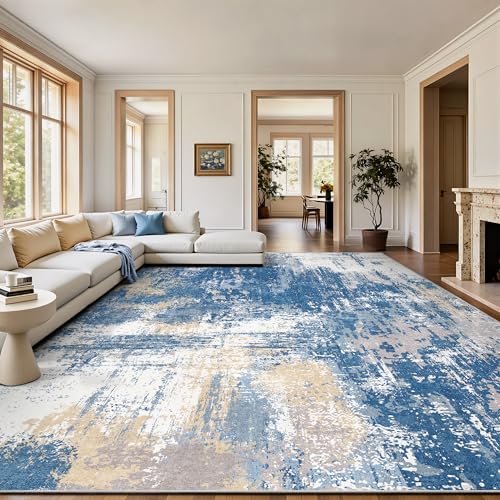 Image of 8x10 Rugs for Living Room - Modern Abstract Washable Rug, Ultra Soft Non Slip Low Pile Large Rugs, Floor Carpet for Bedroom Dining Room Office Laundry Nursery Home(Blue & Beige)