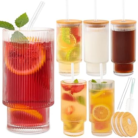 SogYupk 6 Pcs 16oz Glass Cups With Lids and Strands, ribbed glassware, stackable glass cups, suitable for coffee, fruit juice, cocktails, beer, glass cups with bamboo lids,Vintage glass cups,(16oz) Cover