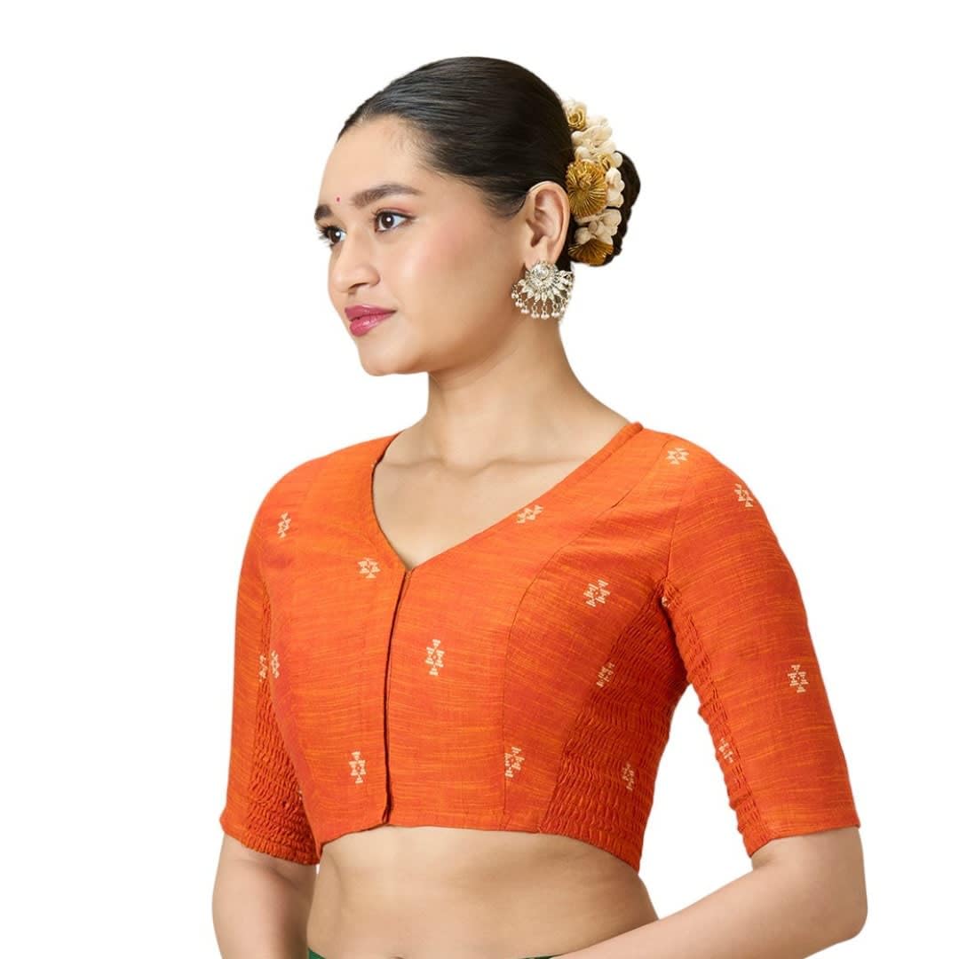 Women's Handloom Cotton Stretchable (Smocked) Saree Blouse with Temple Zari Border-image-1