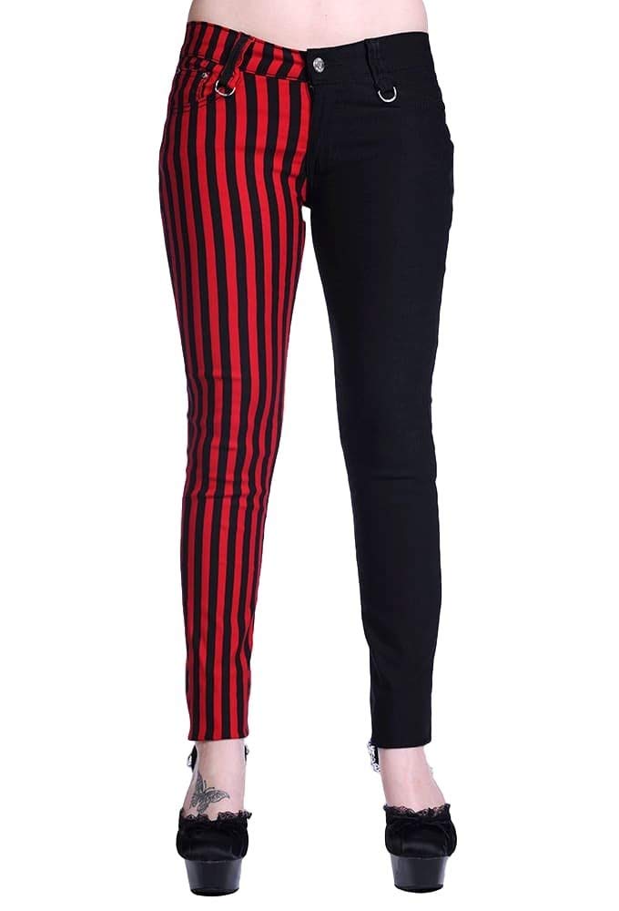 Banned Women's Half Red Striped Half Black Emo Punk Skinny Split Pants Trousers - (L/32/UK 14)