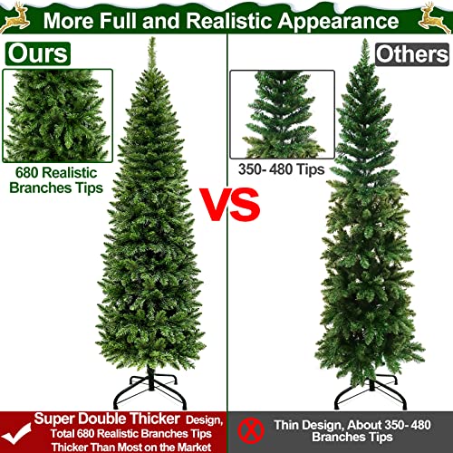 Turnmeon 6.5 Ft Artificial Pencil Christmas Tree Decoration 680 Thick Branch Tips Hinged Slim Xmas Tree With Metal Stand For Indoor Outdoor Christmas Home Decor (Spruce Green) #TOP2