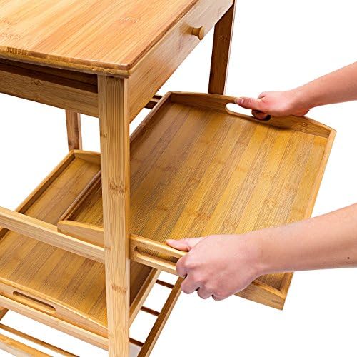 Relaxdays James Kitchen Cart Size: Large, Bamboo: 80.5 x 50 x 37 cm Serving Rolling Cart w/ Drawer & 2 Trays Rolling Wooden Kitchen Trolley W/ Storage Space For Plates & Wine Bottle Rack, Natural