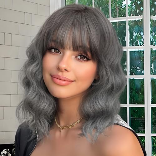Image of Nnzes Wig Bangs Dark Salt and Pepper Short Wavy Hair for Women Natural Looking Heat Resistant Bob Wigs with Synthetic Wig for Daily Party Use