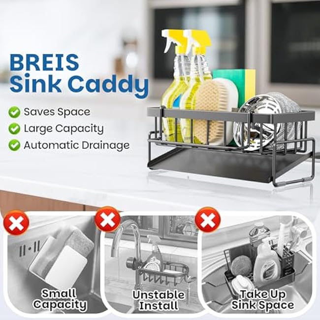 BREIS Kitchen Sink Caddy Organizer with Rag Holder,Self-Draining Sponge Holder for Countertop Soap Dispenser Organizers and Storage Essentials,Kitchen Decor and Accessories