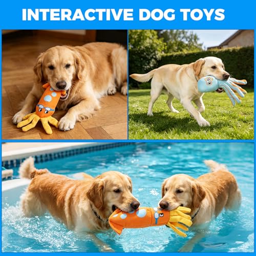 Image of Mihachi Floating Dog Water Pool Toys 2 Pack for Swimming Pool, Interactive Crinkle Pet Puppy Chew Toys for Play and Training, Funny Dog Toy for Small Medium Large Breed, Octopus & Squid