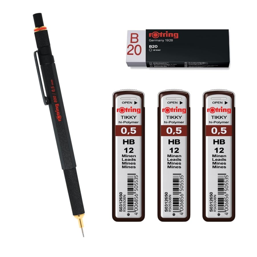 rOtring Portaminas 800 0,5 mm 1904447 - Negro | 3 recambios de mina Tikky, HB - 0,5 mm | Borrador B20