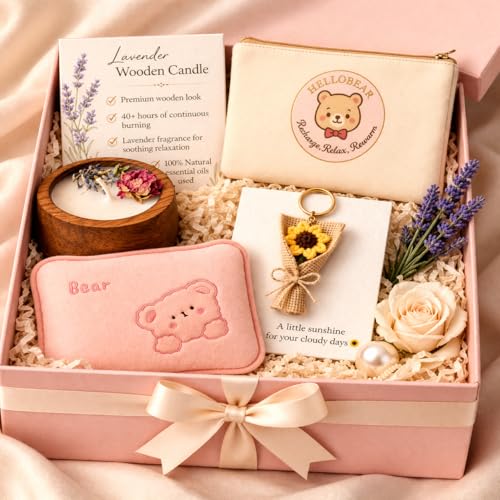 Image of HelloBear Electric Rechargeable Heating Bag - 1 year warranty| Period Pain Relief Gift Set with Lavender Scented Candle for relaxation and some sunlight for her cloudy days, for Women, girlfriend, sister, wife, friend (Electric heat bag, canvas pouch, wooden lavender candle, Handmad sunflower keychain) (3)