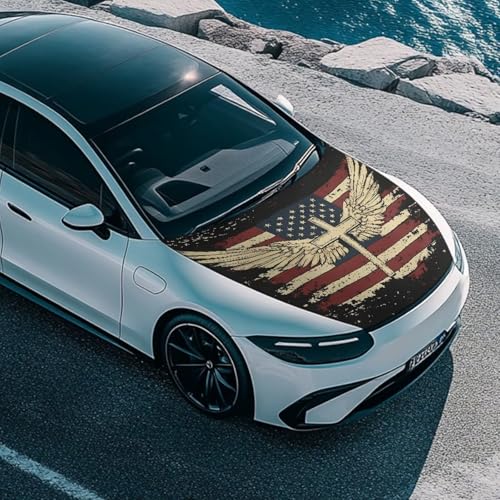 Image of Car Hood Cover Protector Waterproof Stretchable Car Hood Wrap Blanket Auto Patriotic Decorations for Compact Sedans SUV Trucks Pickup (American Flag Cross Wings Design)