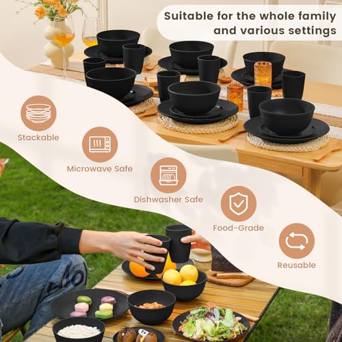 Image of Homienly 24-Piece Wheat Straw Dinnerware Sets,Service for 6 - Cups, Plates and Bowls Sets,Reusable Dishwasher and Microwave Safe Melamine Dinnerware Set for Home,Camping,RVs - Black