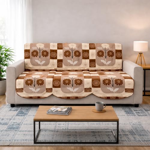 Image of STITCHNEST 10 Piece Cotton Net Sofa Cover | Washable Protective Covers | Floral Design | Beige