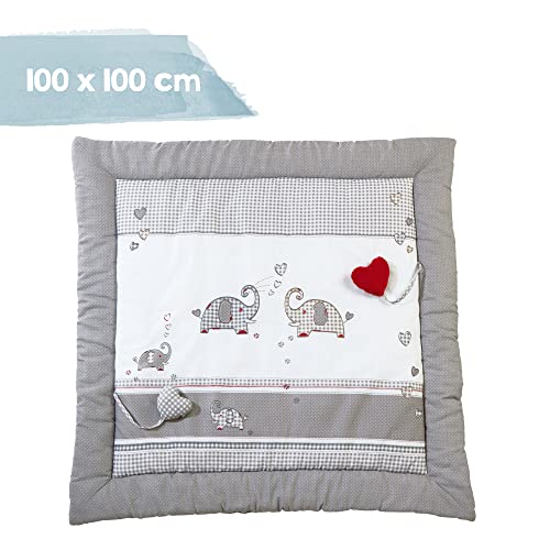 roba Spiel- & Krabbeldecke Jumbotwins - 100 x 100 cm - Gepolsterte Spieldecke für Babys - Spielunterlage mit Elefanten Motiv aus Baumwolle - inkl. Baby-Spielzeug