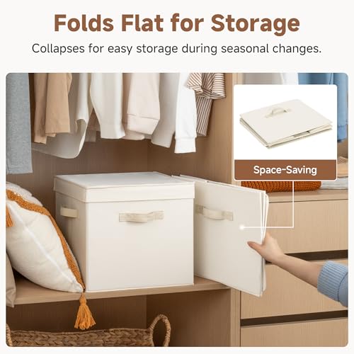 Image of StorageWorks Storage Bins with Lid, Decorative Fabric Storage Bins with Handles, Stackable Closet Organizers for Shelves and Bedroom, Large, Beige(Cotton Linen), 2-Pack