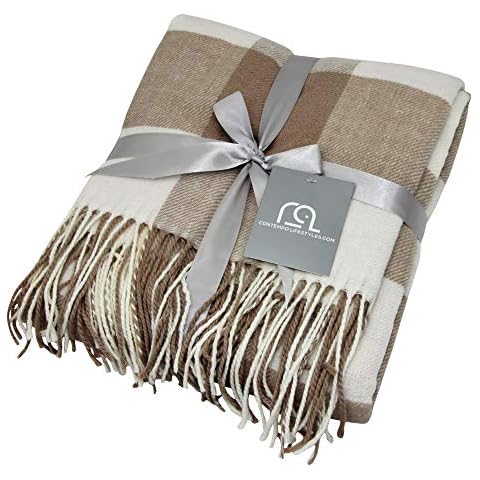 Contempo Lifestyles Buffalo Plaid Throw Blanket 50 x 60 Inch Decorative Classic Blanket – Comfortable and Ultra-Soft – Ideal for Living Room, Couch, Travelling, Taupe Cover