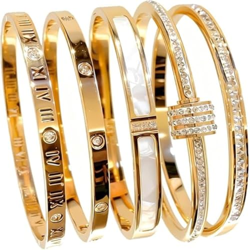 RITHEM 4-Piece Elegant Stainless Steel Bracelet Set Fashionable Classic Design Women Beaded Gold Bead Bracelets Stackable Bangles with Love & Friendship Theme Stainless Steel Jewelry(Gold,5pcs)