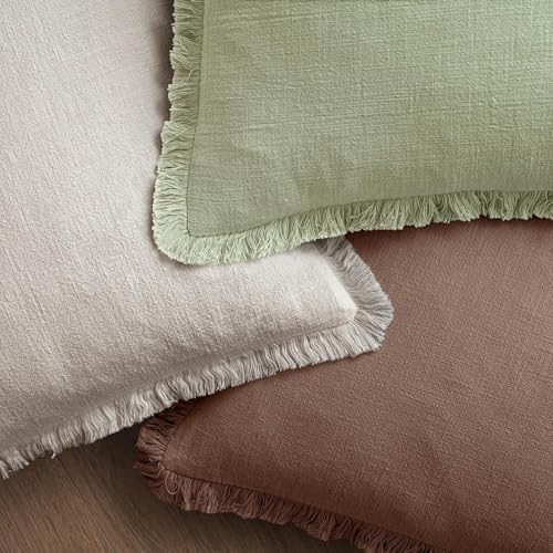Image of MIULEE Decorative Throw Pillow Covers Neutral Linen Fringe Throw Pillows Euro Shams Set of 2 Dark Coffee Boho Farmhouse Cushion Covers for Couch Sofa Bed Living Room Fall Home Decor 28x28 Inch