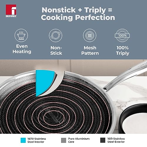 Image of Bergner Hitech Prism TriPly Stainless Steel 30 cm Tawa, Non Stick Tawa for Roti /Dosa /Chapati, Induction Bottom and Gas Ready, Metal Spatula Friendly