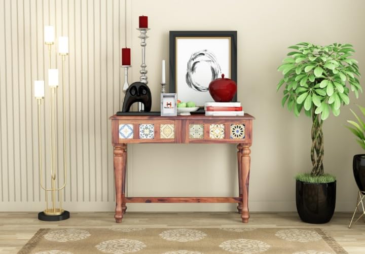 Image of Solid Wood Console Table with Handcrafted Ceramic Tile Design for Living Room, Entryway, Hallway & Bedroom | Wooden Accent Sofa Side Table | Natural Brown Finish | 40 x 17 x 30 Inch