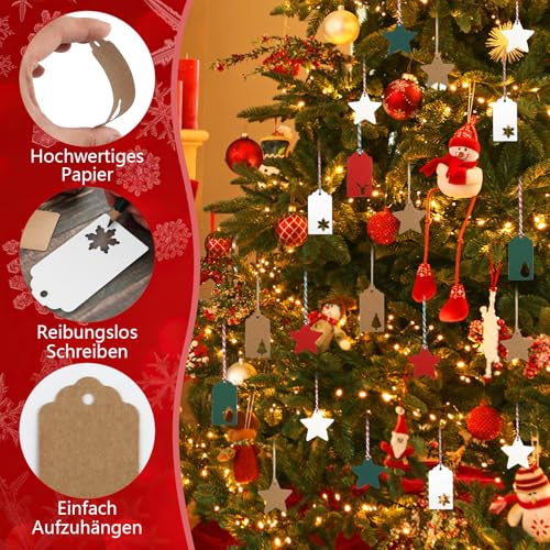 200 Pcs Christmas Tags, Brown Gift Tags for Presents, Christmas Labels with 20M String, Xmas Gift Tag, Kraft Price Tag, Xmas Name Tag for Gift Wrapping (White Brown Red Green) - Image 3