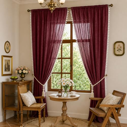 Image of THE LINEN COMPANY Window Curtains Sheer Cotton Curtains with Pom Pom Lace Rod Pocket Light Filtering Transparent Net Curtains for Window Curtains Door Curtains Living Room Maroon 4 Ft Pack of 2