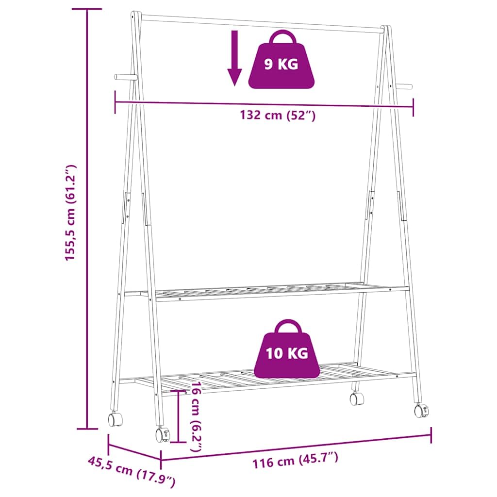 vidaXL Kledingrek met schappen en wielen 132x45,5x155,5 cm bamboe, kapstok, kapstok, kledingrek met plank, kleerhangerrek, kapstok met plank