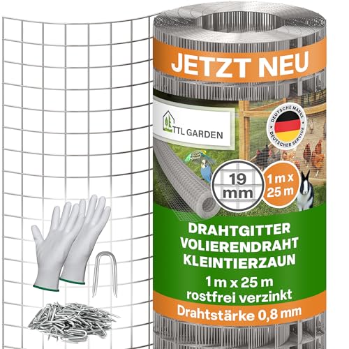 TTL GARDEN 1x10m Drahtgitter 19mm Masche 0,80mm Draht auf Rolle - feinmaschig rostfrei verzinkt Stärke 19 mm Maschenweite Volierendraht Maschendraht Hasendraht Wühlmausgitter 10m x 1m breit