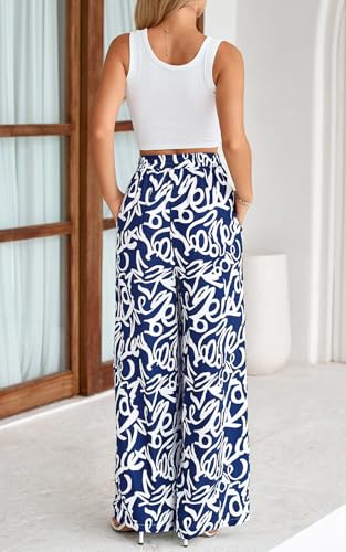Image of PRETTYGARDEN Womens Pants Elastic Waist Floral Lightweight Palazzo Pants for Women Casual Lounge Wide Leg Pants Woman