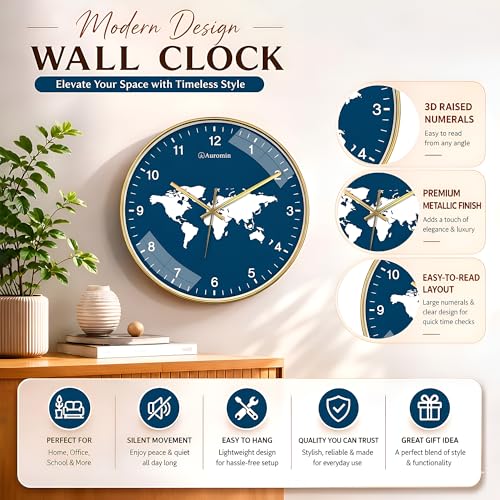 Image of Wall Clock for Living Room Stylish - World Map Design Wall Clock for Office | Silent Non-Ticking | Modern Round Wall Watch for Hall & Bedroom | Premium Decorative Wall Watch