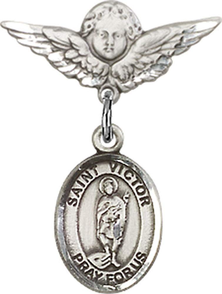Jewels Obsession Baby Badge with St. Victor of Marseilles Charm & Angel with Wings Badge Pin | Sterling Silver Baby Badge with St. Victor of Marseilles Charm & Angel with Wings Badge Pin