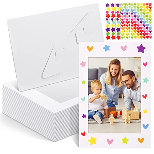 Jutom 200 Pcs Paper Picture Frames with Easel 4 x 6 Inch Paper Photo Frame Cards with12 Stickers, Kids Art Frame Kids Art Display Frame Cardboard Picture Frames for DIY Art Craft Display (White)