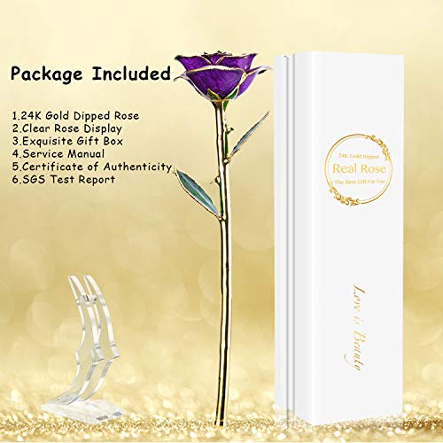 Image of Anniversary Rose Gift for Wife, Forever 24k Gold Real Rose and Best for her Rose, Purple with Stand