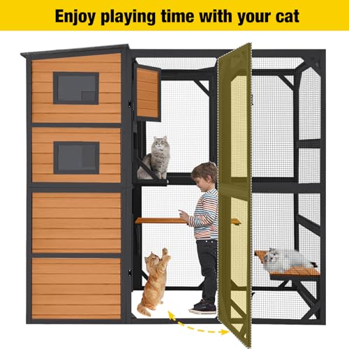 Aivituvin Large Cat Catio 4 Tiers Cat Enclosures House for Outdoor Indoor Cats with Weatherproof Roof, 3 Resting Rooms, 3 Platforms, 5 Windows 70" H 77" L