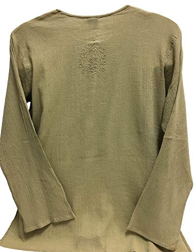 Yoga Trendz Mens Indian Bohemian Crinkled Gauze Cotton Embroidered Tunic Shirt Kurta Khaki4