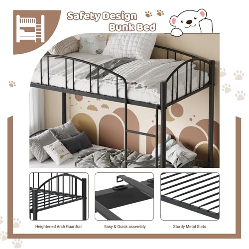 Garvee Bunk Bed Twin Over Twin with Ladder and Arched Guardrail, Heavy Duty Bunkbeds Frame with Sturdy Steel Slats Support for Kids Boys Girls, Space-Saving, No Box Spring Needed, Black