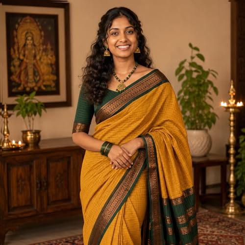 Image of Gadwal Cotton Silk Checked Saree for Women | Pure Kalyani Cotton Checked Saree with Zari Border Tassels & Blouse | Kanjivaram Linen Silk | Handloom Weave