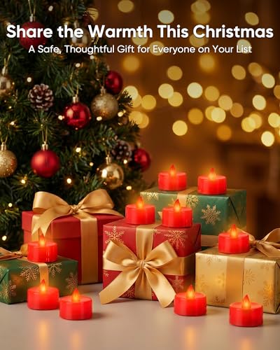 Image of Homemory Red Tea Lights Candles Battery Operated, Flickering Flameless LED Votive Candles, Warm White Tealights for Romantic Dinner, Wedding, Valentine's Day, Halloween, Christmas, Party, 24-Pack