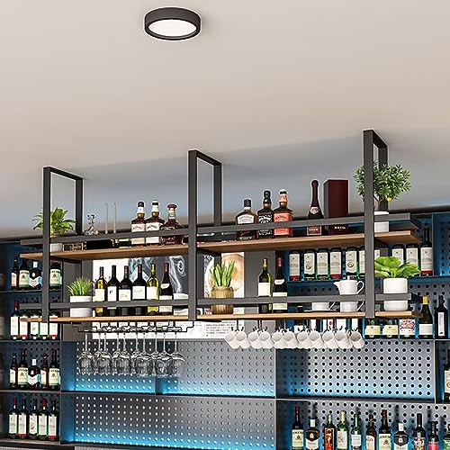 Mensola A Soffitto - Portabottiglie Vino A Sospese A 2 Livelli, Scaffale Pensile da Cucina, Supporto per Bicchiere da Vino in Legno Massello A Parete con Ringhiere, per Cucina/Loft/Bar (Color