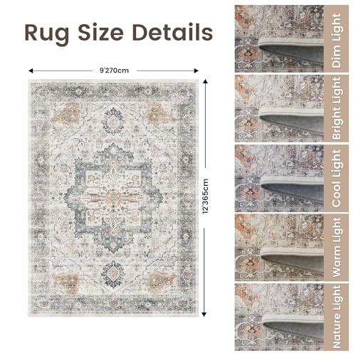 Rugland Area Rugs 9x12 Living Room - Stain Resistant Washable Rug, Anti Slip Rugs for Living Room, Vintage Tribal Area Rugs(Medallion 01-Taupe/Grey, 9'x12')