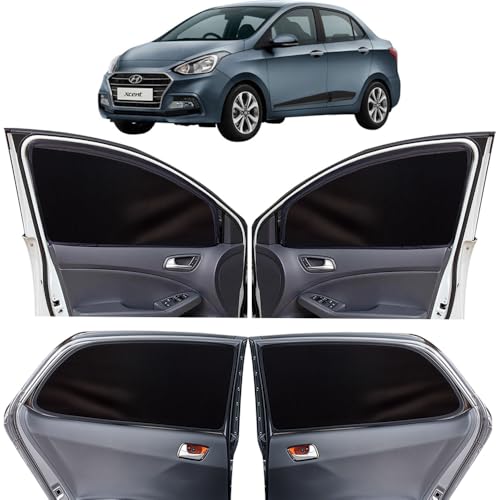 Image of OTO2EYE Car Sun Shade Compatible for Honda Xcent Model-2013-2017, Z-Black Super Magnetic Grip, Front Window Zipper, Side Window Curtains, 4 Pieces Set