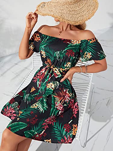 Image of Off Shoulder Ruffle Dress for Women, A-Line Mini Dress with Belt, Fitted Bust Summer Wedding Guest Dress