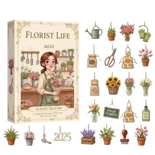 livre Calendriers De L'Avent Floraux 2025, Calendrier Du Compte À Rebours Noël Avec 24 Acrylique 2D Pendentifs À Bouquets Et Fournitures Fleuristerie, Cadeau Pour Amateurs De Fleurs Et Fleuristes