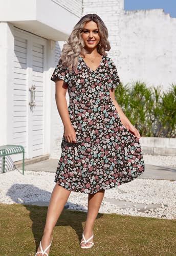 Image of Women's Plus Size Summer Dresses V Neck Ruffle Short Sleeve Casual Wrap A Line Midi Dress with Pockets