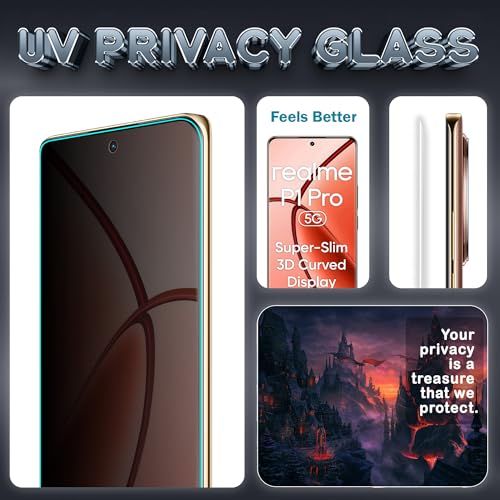 Image of ArmourPro UV Privacy Tempered Glass Compatible for Realme P1 Pro (6.7 Inch, Pack of 2) Edge to Edge Full SCreen Coverage & Installation Kit | Anti-Spy /Anti-Peeping 9H Hardness