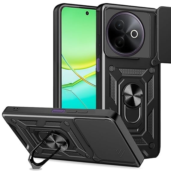Image of SPAZY CASE Vivo Y39 Back Cover | Heavy Duty Hybrid Case with 360 Degree Rotating Finger Ring Holder + Slider Shutter Camera Protection Case for Vivo Y39 - Black