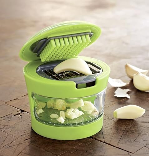 Image of Garlic Chopper, 2PCS Garlic Presses, Stainless Steel Blades Cutter, Crusher, Mincer, and Storage Container - Includes 1PCS mini Brushes - Suitable for Both Home and Camping - (Green)