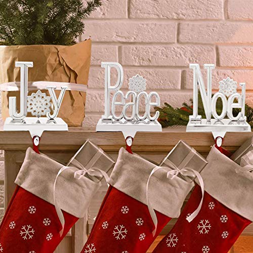 NaTursou Set of 3 Joy Peace Noel Stocking Holder Hanger Chrismas Stocking Holders Mantle,Christmas Fireplace Holder Silver Decor