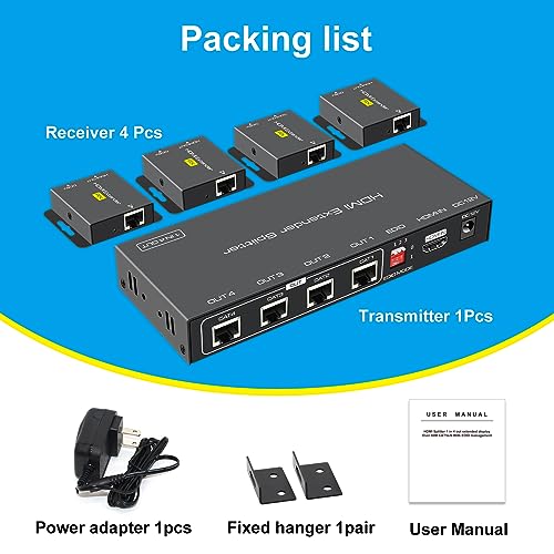 Image of VPFET HDMI Extender Splitter Up to 165ft 1 in 4 Out Over Cat5e or 6 or 7 Repeater Balun Ethernet Sender Transmitter Receiver Support 1080p EDID Presets POC is Only Need TX Power for Work