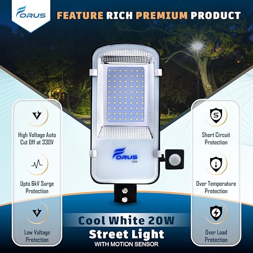 Image of Forus 20W LED Street Light with Motion Sensor - Auto On /Off, Day-Night, 15ft Detection Waterproof Outdoor 20 Watt Lamp for Road, Parking Lot, Industrial Area, Aluminium 4-Year Warranty Cool White -1PC
