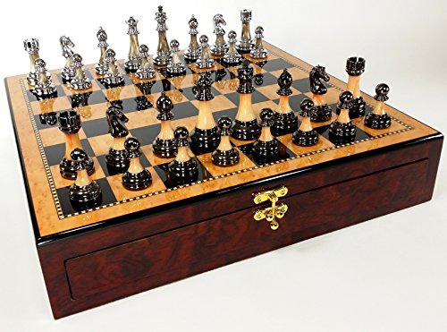 Staunton Chrome & Black Chrome Chess Men Set W 17 Gloss Walnut & Birdseye Maple Color Storage Board Staunton Chrome & Black Chrome Chess Men Set W 17" Gloss Walnut & Birdseye Maple Color Storage Board