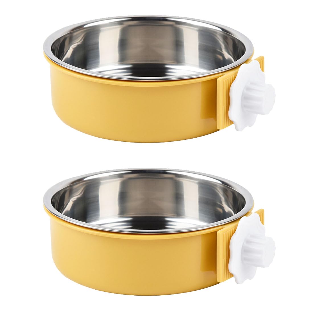 KuTi Kai 2 IN 1 Stainless Steel Pet Hanging Bowl Removable Dog Bowl for Crates Puppy Food Feeder Water Dish with Bolt Holder Dog (Yellow-Large-2Packs)