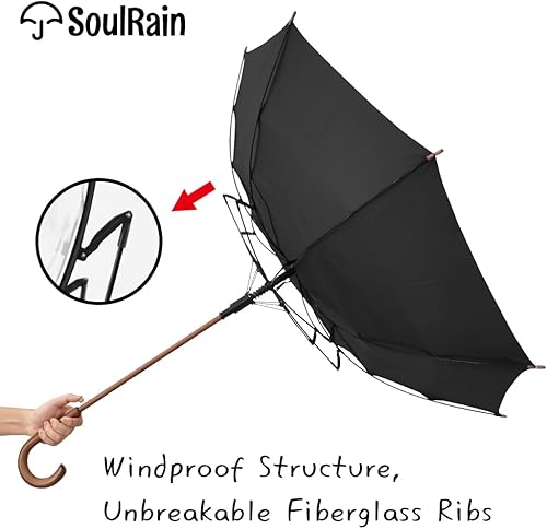 Miniatura 5 de SoulRain Paraguas clásico con mango de madera de 48 pulgadas apertura automática resistente al viento irrompible paraguas de lluvia negro paragua
